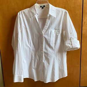 Express “Essential Stretch” White Ladies Button-Up Shirt with roll tab sleeves